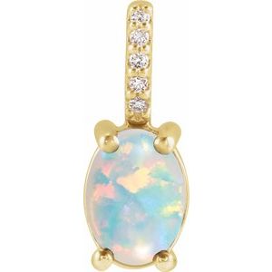14K Yellow Gold Oval 7 X 5Mm G-H I1 Natural White Opal And .02 Ctw Natural Diamond Cabochon Pendant