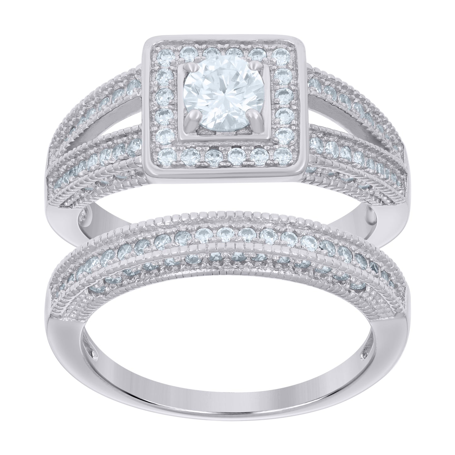 Sterling Silver Women's Cubic-Zirconia Duo Bridal Anniversary Engagement Wedding Ring Set