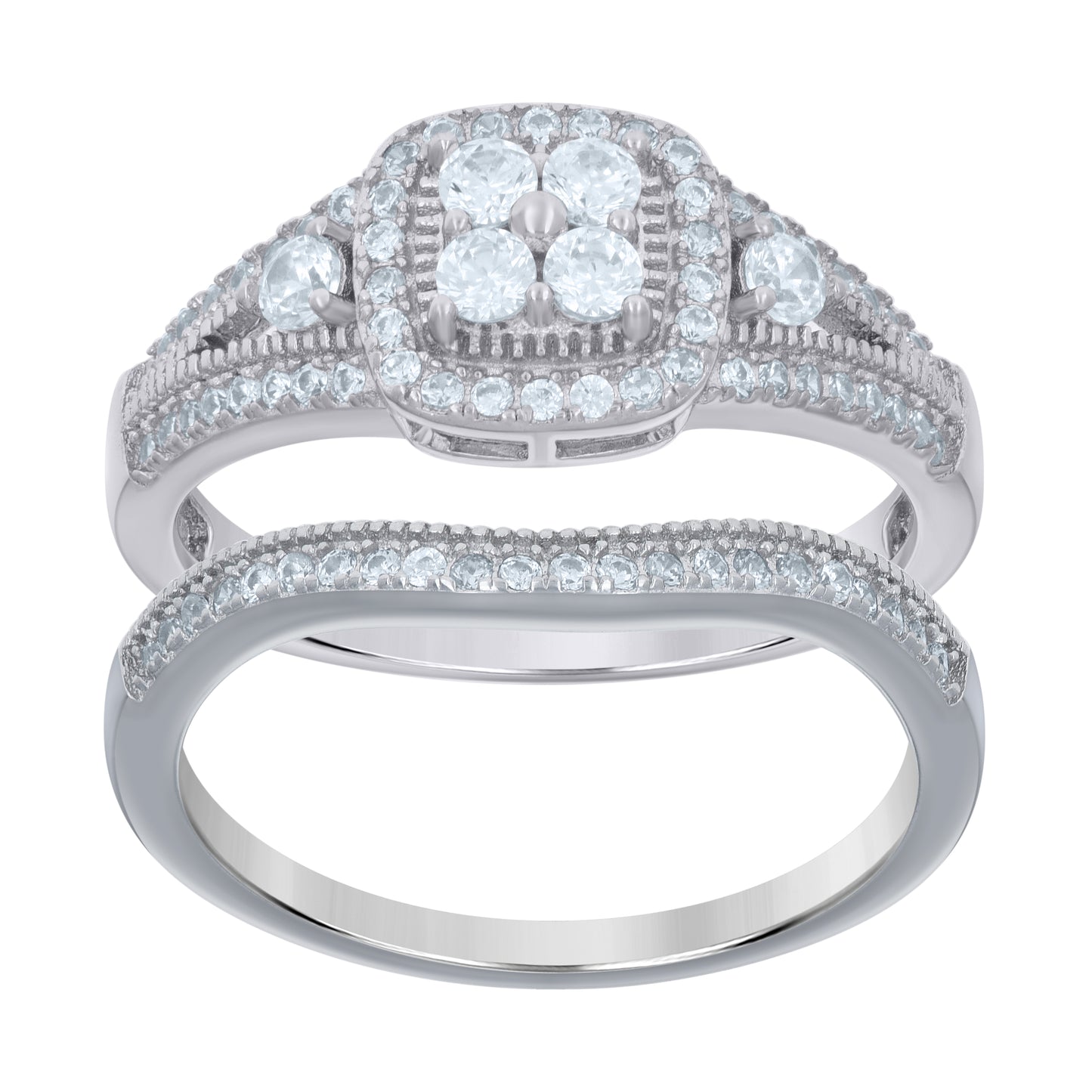 Sterling Silver Women's Cubic-Zirconia Duo Bridal Anniversary Engagement Wedding Ring Set