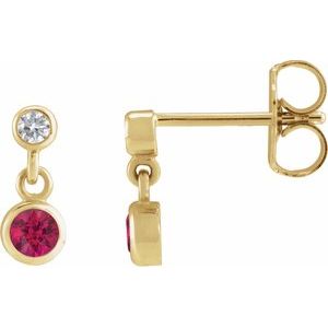 14K Yellow Gold Round 3Mm I1, G-H Natural Ruby And .05 Ctw Natural Diamond Two-Stone Bezel-set Friction Back Earrings