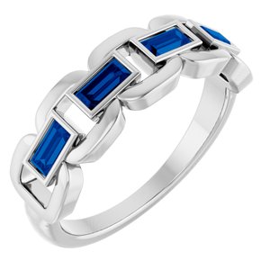 14K White Gold Straight Baguette 4 X 2 Mm Polished Lab-Grown Blue Sapphire Chain Link Ring Size 7