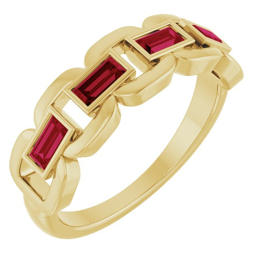 14K Yellow Gold Straight Baguette 4 X 2 Mm Polished Lab-Grown Ruby Chain Link Ring, Size 7