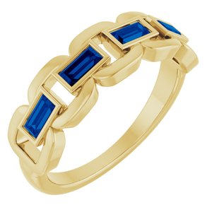 14K Yellow Gold Straight Baguette 4 X 2 Mm Polished Lab-Grown Blue Sapphire Chain Link Ring Size 7