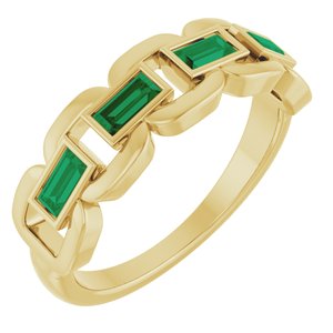 14K Yellow Gold Straight Baguette 4 X 2 Mm Polished Lab-Grown Emerald Chain Link Ring Size 7