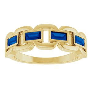 14K Yellow Gold Straight Baguette 4 X 2 Mm Polished Lab-Grown Blue Sapphire Chain Link Ring Size 7