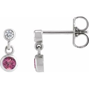 14K White Gold Round 3Mm I1, G-H Natural Pink Tourmaline And .05 Ctw Natural Diamond Two-Stone Bezel-set Friction Back Earrings
