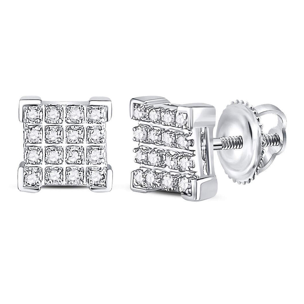 10K White Gold Round Diamond Square Cluster Earrings 1/10 Cttw