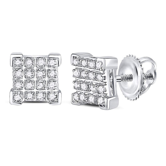 10K White Gold Round Diamond Square Cluster Earrings 1/10 Cttw