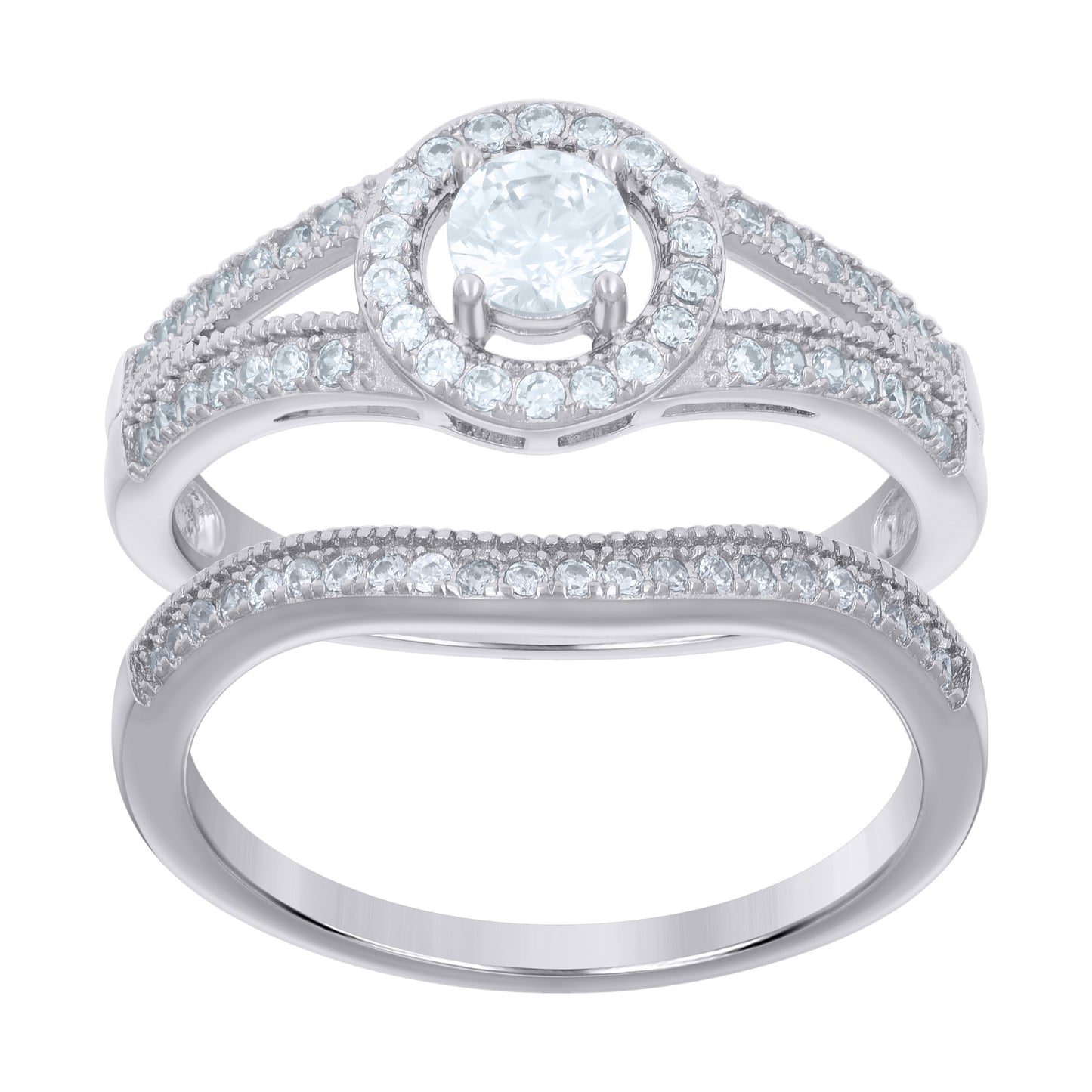 Sterling Silver Women's Cubic-Zirconia Duo Bridal Anniversary Engagement Wedding Ring Set
