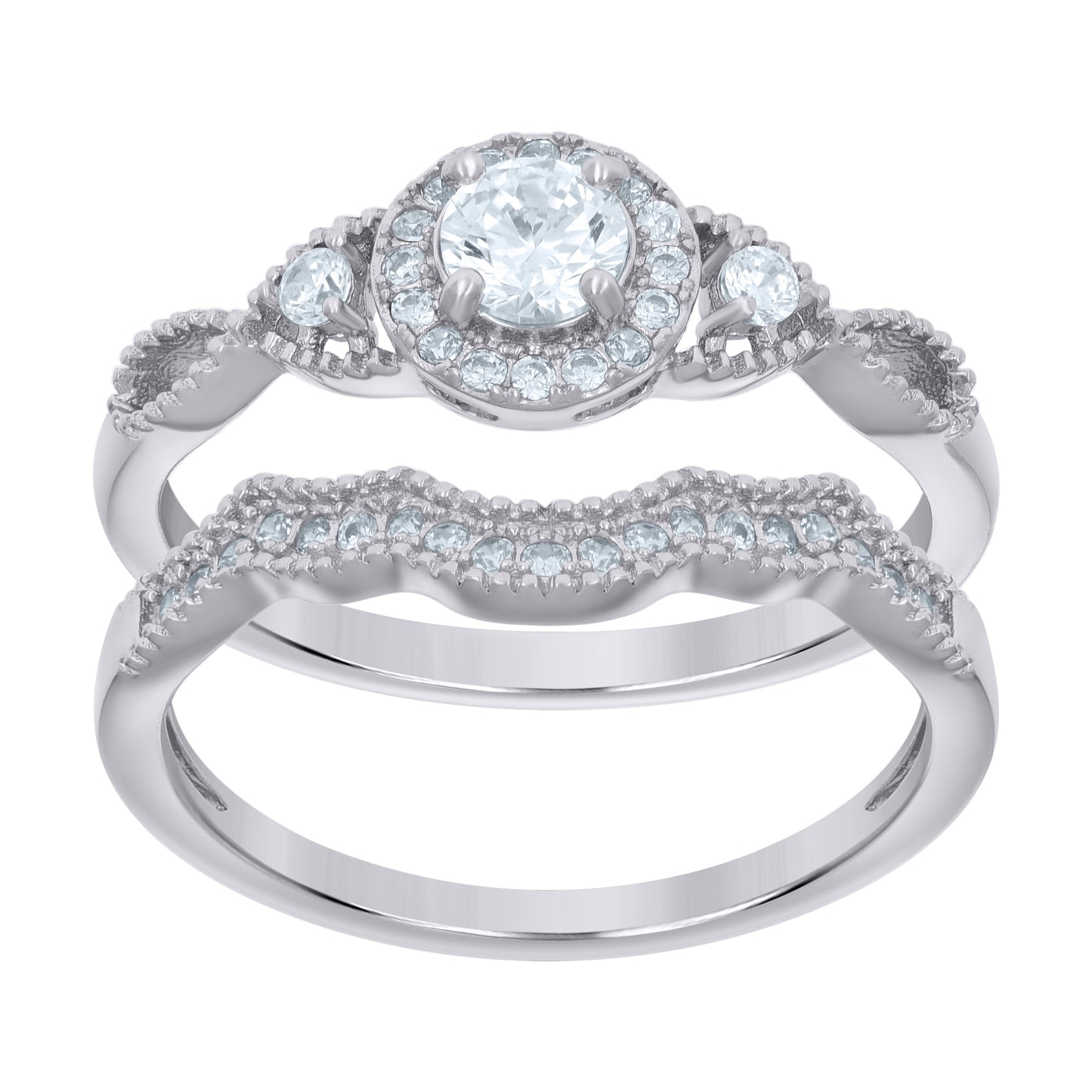 Sterling Silver Women's Cubic-Zirconia Duo Bridal Anniversary Engagement Wedding Ring Set