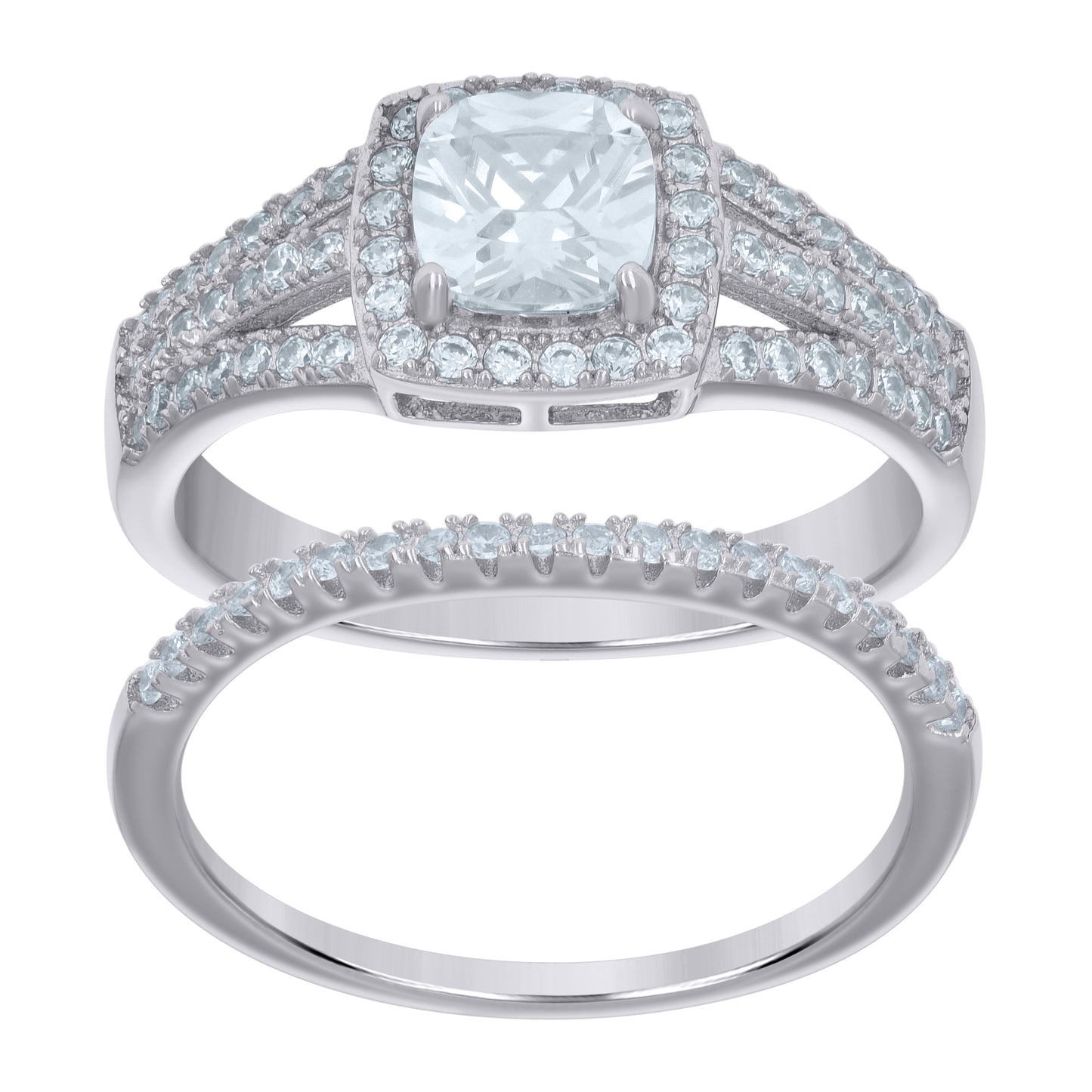 Sterling Silver Women's Cubic-Zirconia Duo Bridal Anniversary Engagement Wedding Ring Set