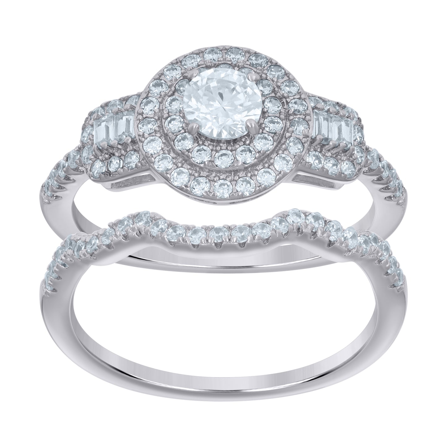 Sterling Silver Women's Baguette Round Cubic-Zirconia Duo Bridal Anniversary Engagement Wedding Ring Set