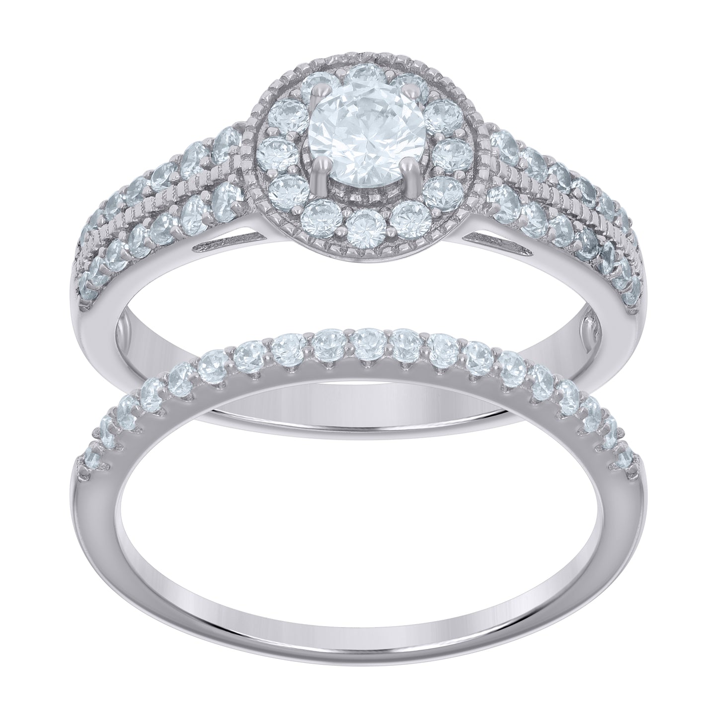 Sterling Silver Women's Cubic-Zirconia Duo Bridal Anniversary Engagement Wedding Ring Set