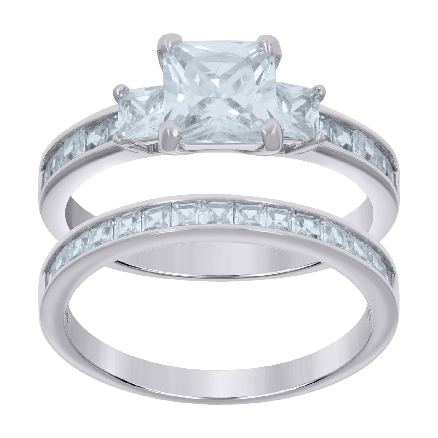 Sterling Silver Womens Princess-cut Cubic-Zirconia Duo Bridal Anniversary Engagement Wedding Ring Set