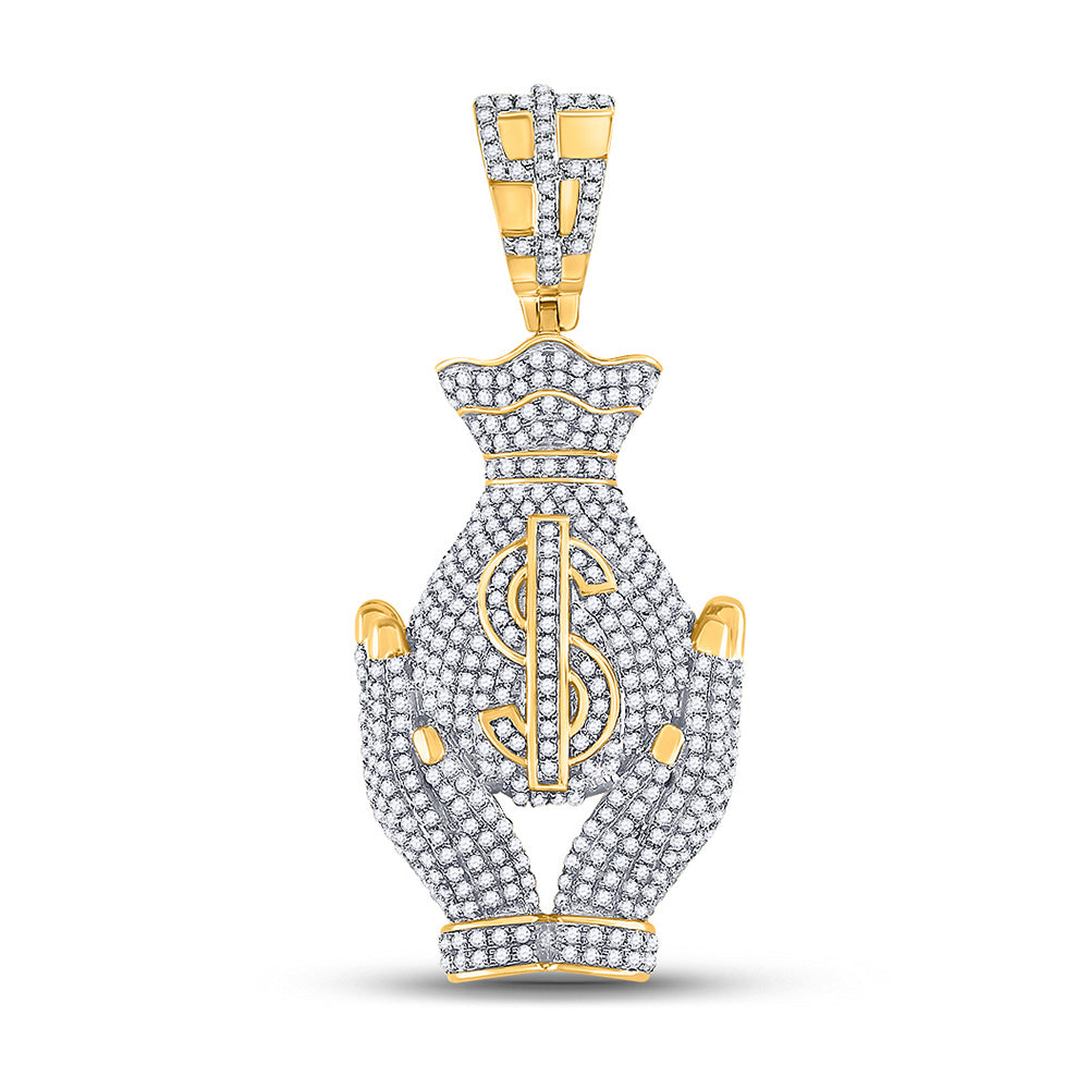 10K Yellow Gold Mens Round Diamond Money Bag Hands Charm Pendant 1-1/3 Cttw