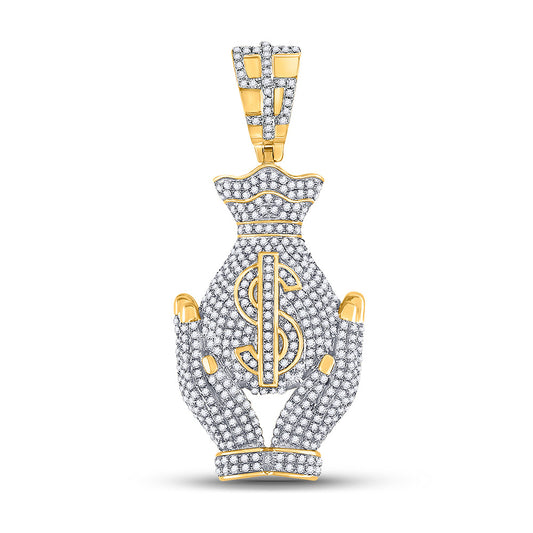 10K Yellow Gold Mens Round Diamond Money Bag Hands Charm Pendant 1-1/3 Cttw