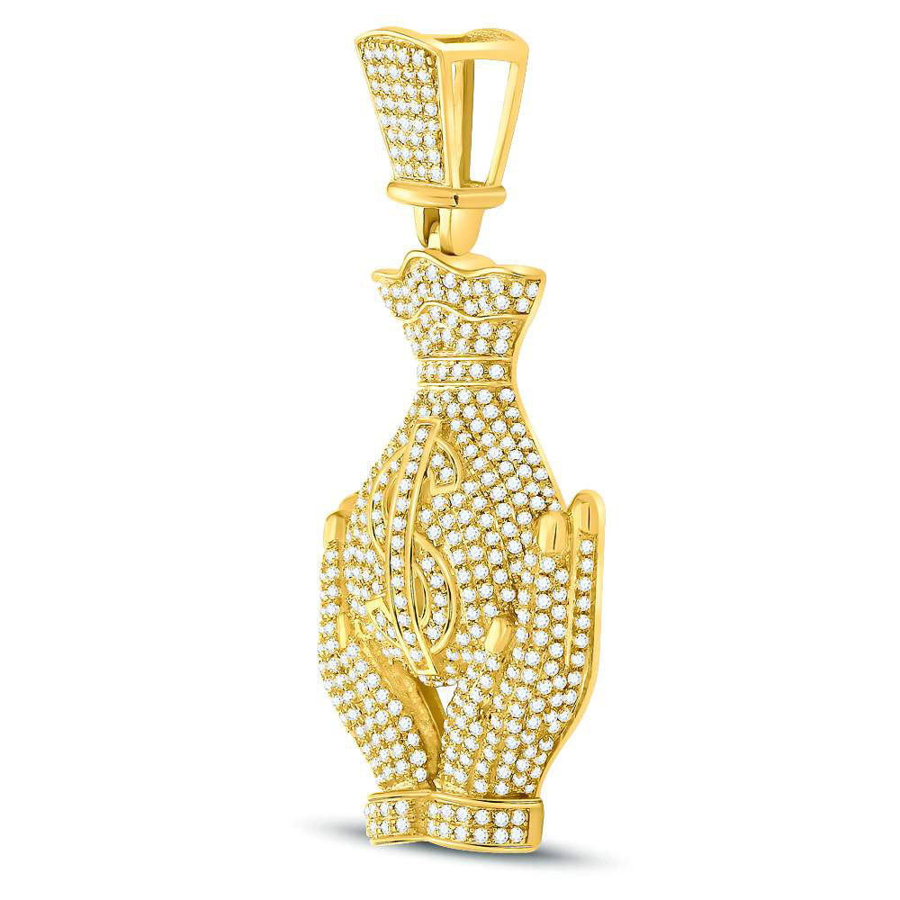10K Yellow Gold Mens Round Diamond Money Bag Hands Charm Pendant 2 Cttw