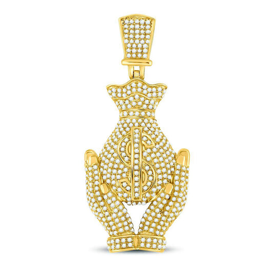 10K Yellow Gold Mens Round Diamond Money Bag Hands Charm Pendant 2 Cttw