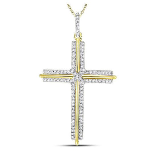 10K Yellow Gold Mens Round Diamond Cross Charm Pendant 1/4 Cttw, Length: 1.48 In, Width: 0.9 In
