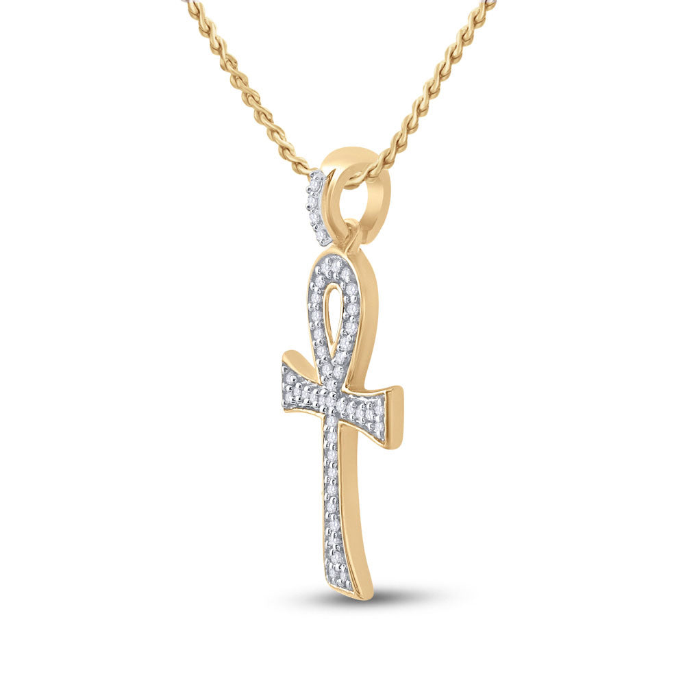 10K White Or Yellow Gold Mens Round Diamond Ankh Cross Charm Pendant
