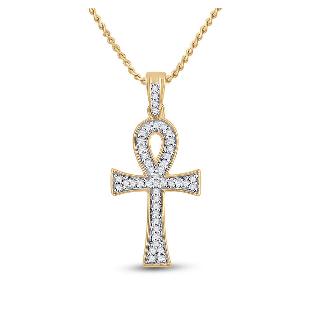 10K White Or Yellow Gold Mens Round Diamond Ankh Cross Charm Pendant