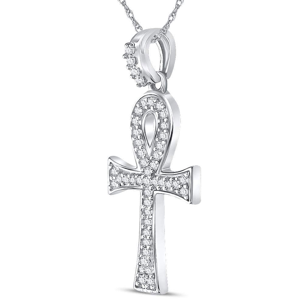 10K White Or Yellow Gold Mens Round Diamond Ankh Cross Charm Pendant