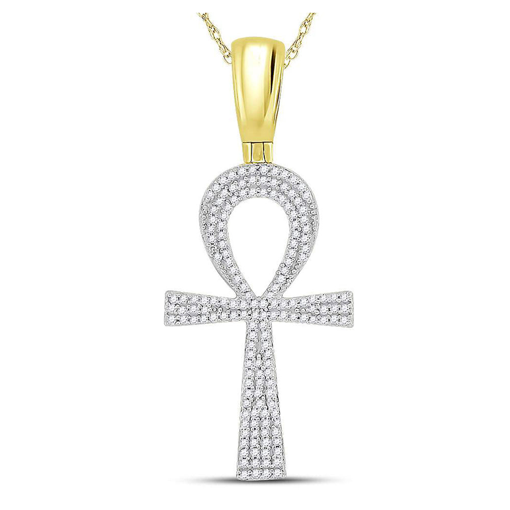 10K Yellow Gold Mens Round Diamond Ankh Cross Charm Pendant 1/2 Cttw, Length: 1.67 In, Width: 0.72 In