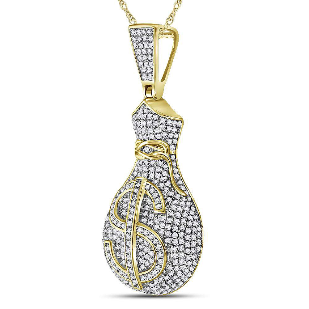 10K Yellow Gold Mens Round Diamond Money Bag Dollar Sign Charm Pendant 1 Cttw