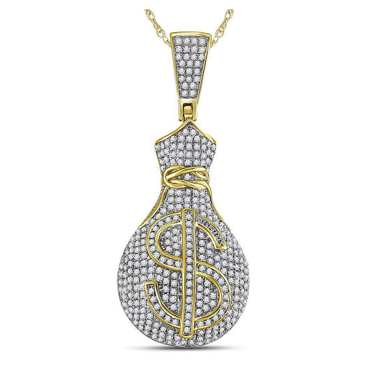 10K Yellow Gold Mens Round Diamond Money Bag Dollar Sign Charm Pendant 1 Cttw
