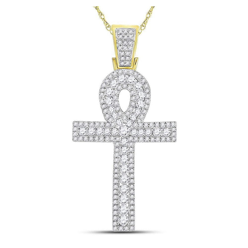 10K Yellow Or White Gold  Mens Round Diamond Ankh Cross Charm Pendant 1 Cttw, Length: 1.62 In, Width: 0.81 In