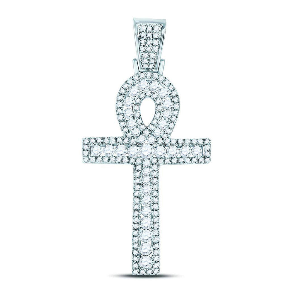 10K Yellow Or White Gold  Mens Round Diamond Ankh Cross Charm Pendant 1 Cttw, Length: 1.62 In, Width: 0.81 In