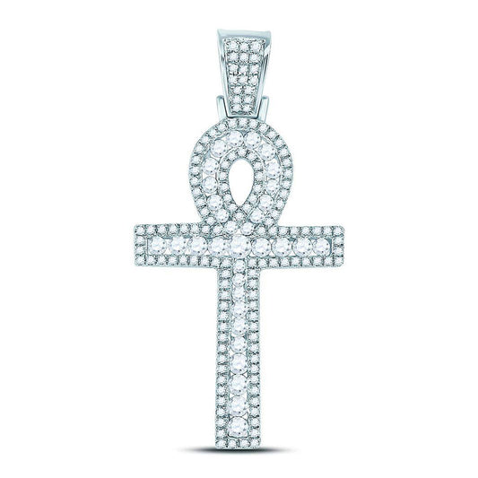 10K Yellow Or White Gold  Mens Round Diamond Ankh Cross Charm Pendant 1 Cttw, Length: 1.62 In, Width: 0.81 In