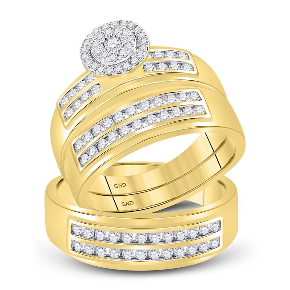 14K Yellow Gold His Hers Round Diamond Cluster Matching Wedding Set 7/8 Cttw, Womens Size: 5-10, Mens Size: 7-13