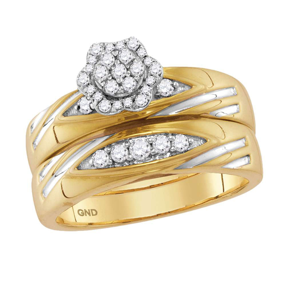 10K Yellow Gold His Hers Round Diamond Cluster Matching Wedding Set 1/2 Cttw, Womens Size: 5-10, Mens Size: 7-13
