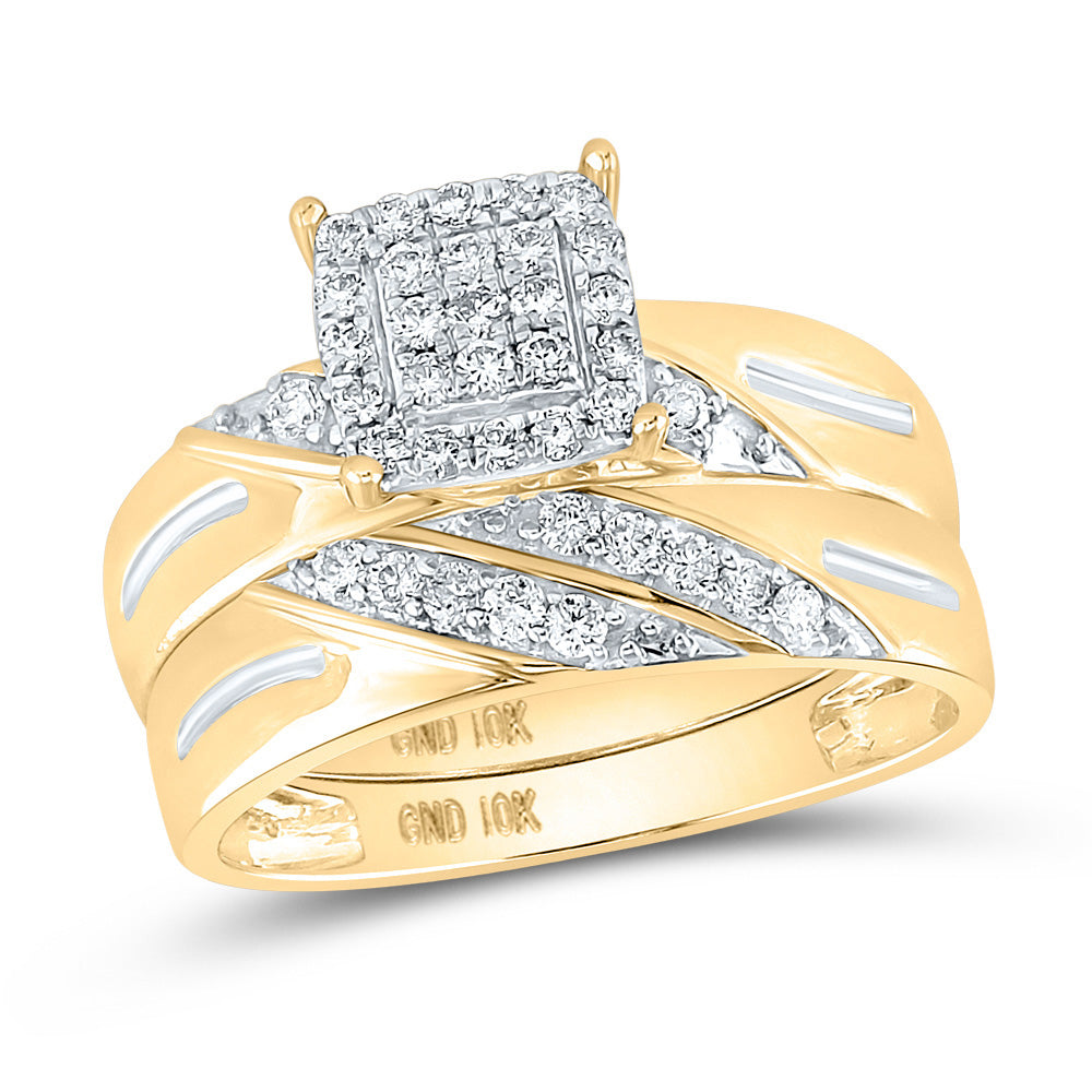 10K Yellow Gold His Hers Round Diamond Square Matching Wedding Set 5/8 Cttw, Womens Size: 5-10, Mens Size: 7-13