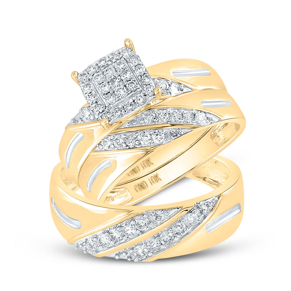 10K Yellow Gold His Hers Round Diamond Square Matching Wedding Set 5/8 Cttw, Womens Size: 5-10, Mens Size: 7-13