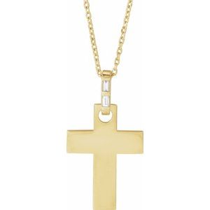 14K Yellow Gold Straight Baguette 2 X 1Mm G-H I1 .03 Ctw Natural Diamond Cross Necklace, Length: 18 In
