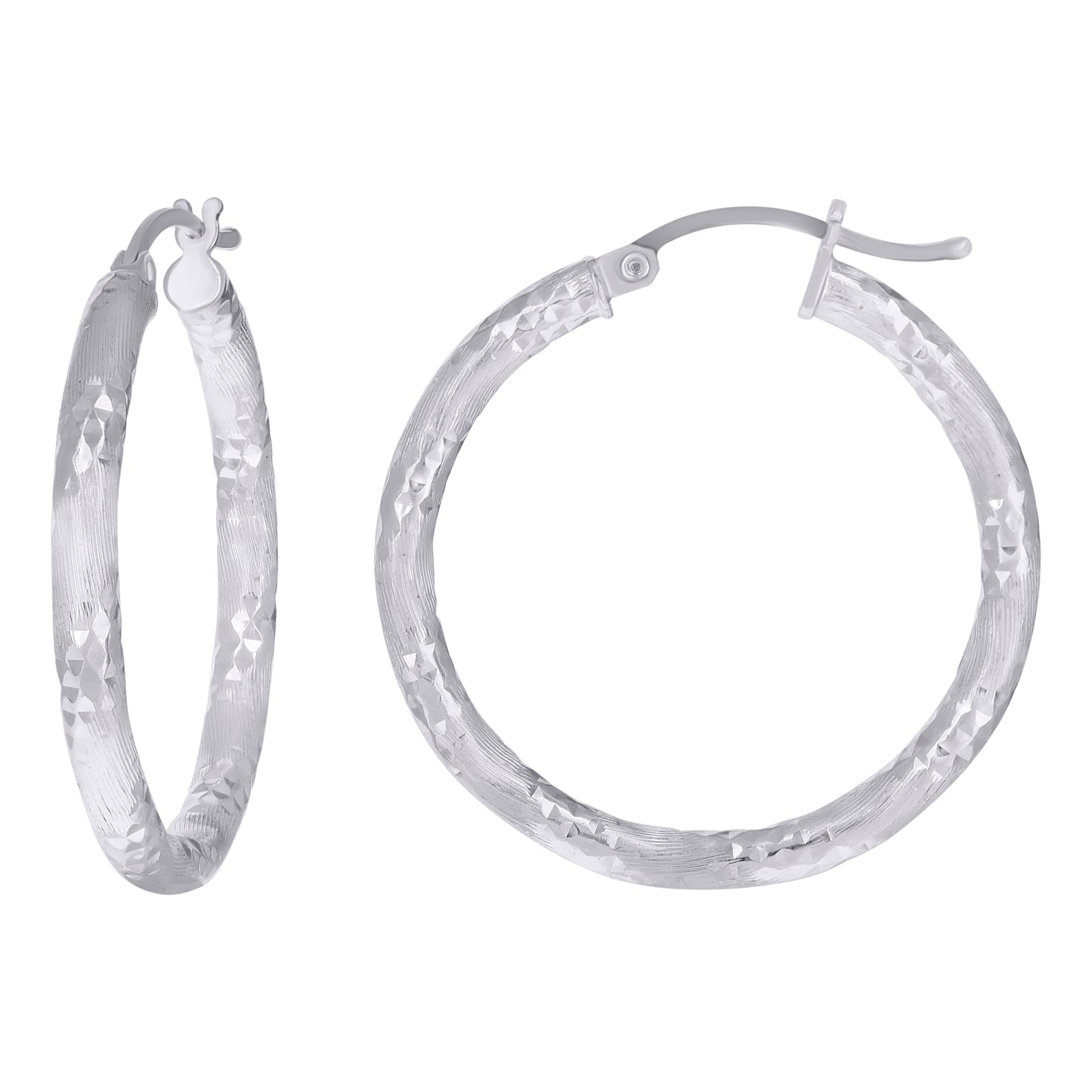 Sterling Silver Womens Diamond-Cut Hoop Earrings