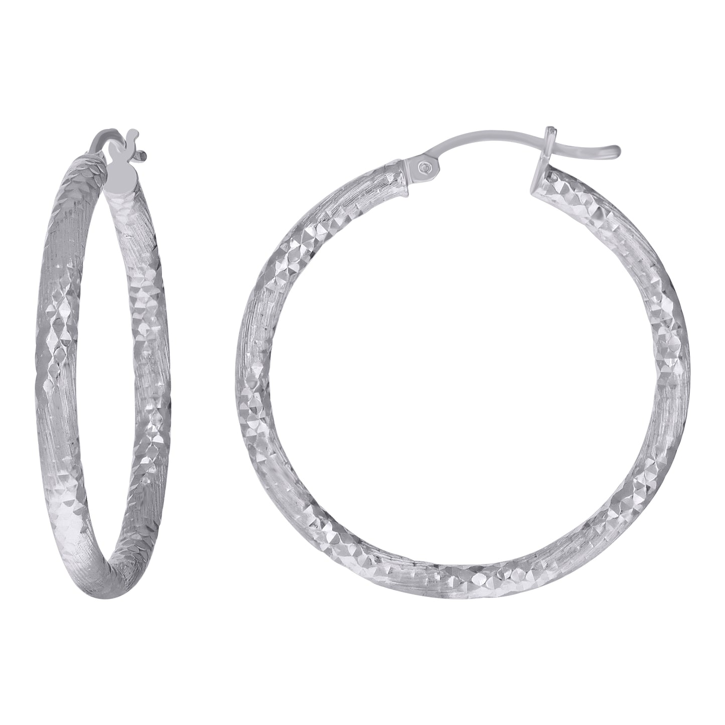 Sterling Silver Womens Diamond-Cut Hoop Earrings