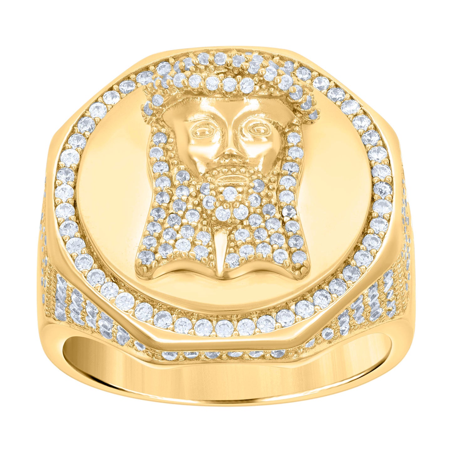 Sterling Silver Yellow-tone Men Cubic-Zirconia Jesus Religious Bridal Anniversary Wedding Engagement Band Ring