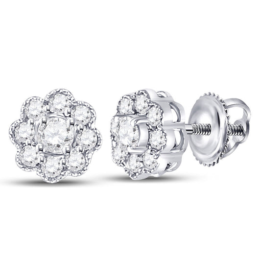 14K White Or Yellow Gold Womens Round Diamond Flower Cluster Earrings