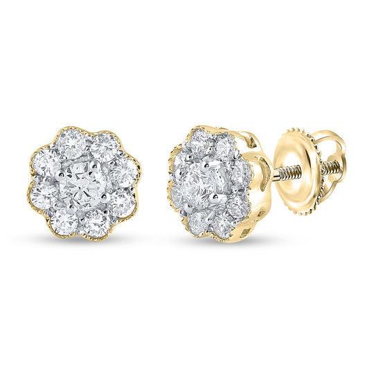 14K Yellow Gold Womens Round Diamond Flower Cluster Earrings 1/2 Cttw