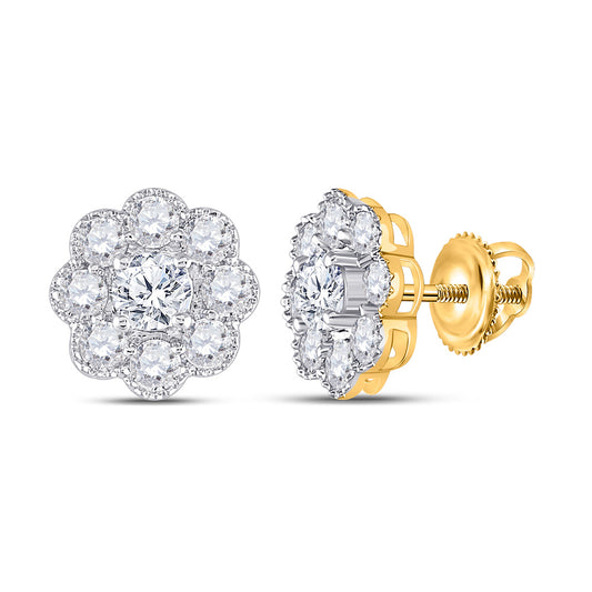 14K Yellow Gold Womens Round Diamond Flower Cluster Earrings 2 Cttw