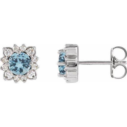 14K White Gold 3 Mm Round Friction Back Polished Natural Aquamarine And .08 Ctw Natural Diamond Halo-Style Earrings