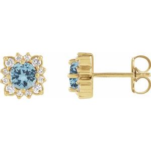 14K Yellow Gold Round 4 Mm Natural Aquamarine And 1/5 Ctw Natural Diamond Halo-Style Earrings