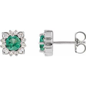 14K White Gold Round 5 Mm Lab-Grown Emerald And 1/2 Ctw Natural Diamond Halo-Style Earrings