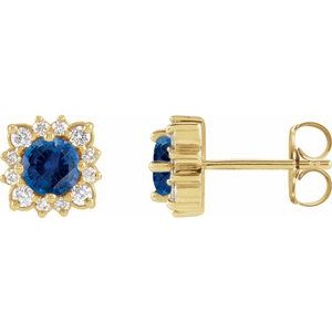 14K Yellow Gold Round 4 Mm Lab-Grown Blue Sapphire And 1/5 Ctw Natural Diamond Halo-Style Earrings