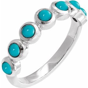 14K White Gold Natural Turquoise Round 2 Mm Polished Natural Turquoise Bezel-Set Cabochon Stackable Ring Size 7