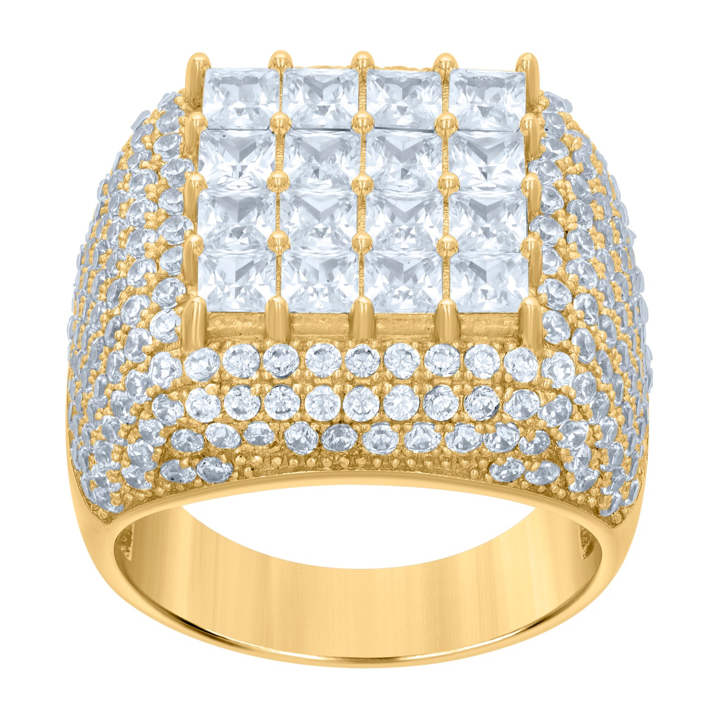Sterling Silver Yellow-tone Mens Princess-cut Round Cubic-Zirconia Square Head Fashion Bridal Anniversary Wedding Engagement Band Ring