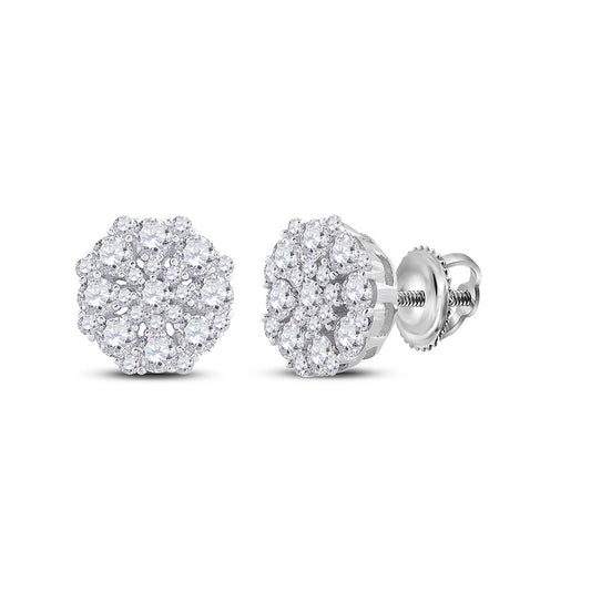 14K White Or Yellow Gold Womens Round Diamond Octagon Cluster Earrings